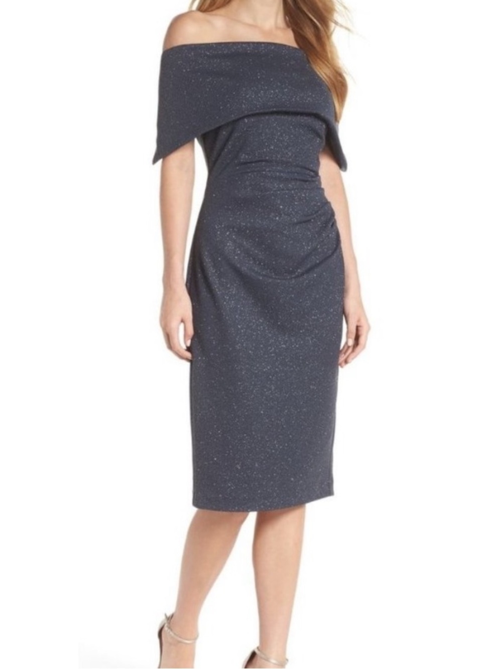 VINCE CAMUTO SPARKLE GLITTER KNEE LENGTH OFF THE SHOULDER DRESS GREY SIZE 0